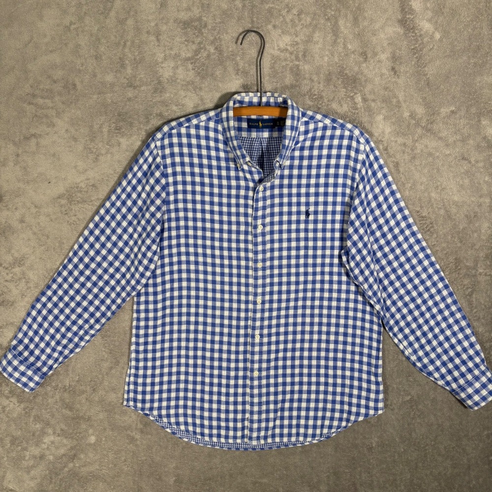 Ralph Lauren Button Down Shirt Mens XL Cotton Blue White Gingham Check Plaid